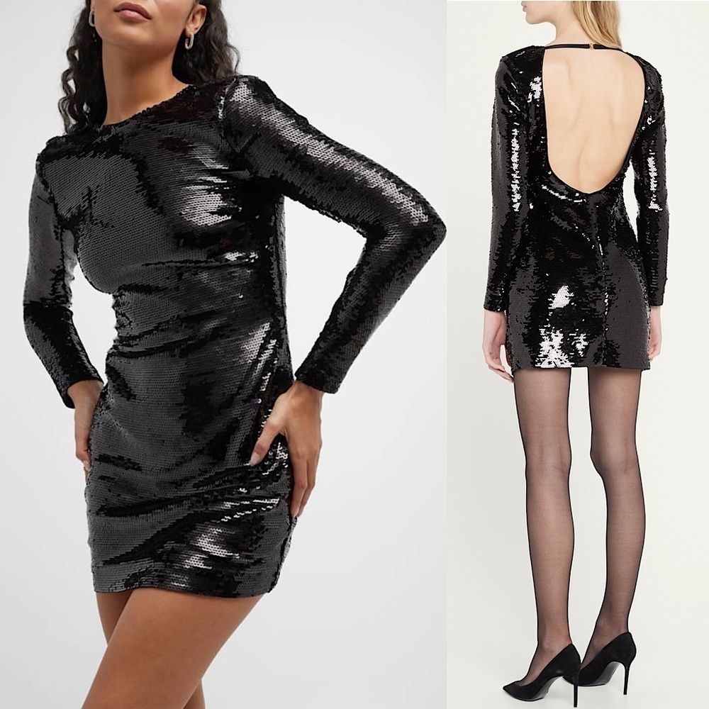 NWT FRAME Black Sequin Long Sleeve Open Back Bodycon Stretch Knit Mini Dress M